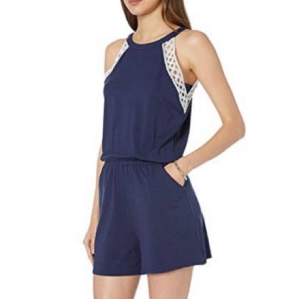 Lilly Pulitzer Lala Romper Women's Large Blue Lace Trim Halter Neck